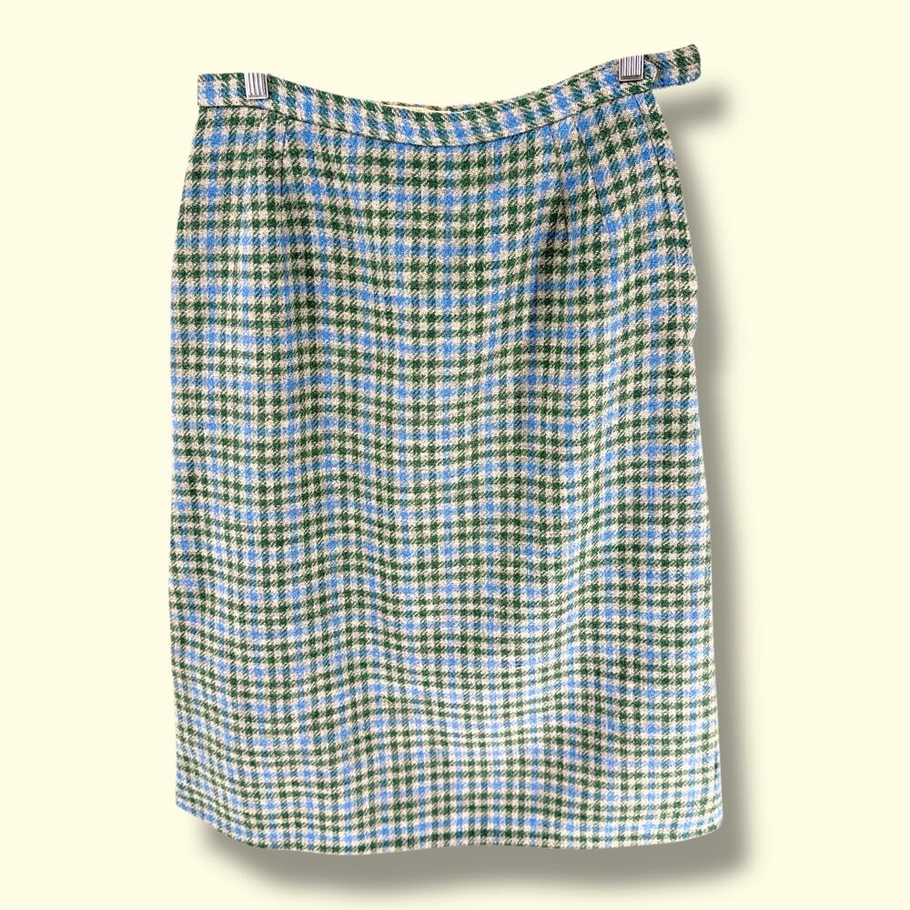 Austin Hill Vintage Wool Houndstooth Pencil Skirt Blue Green Preppy Career